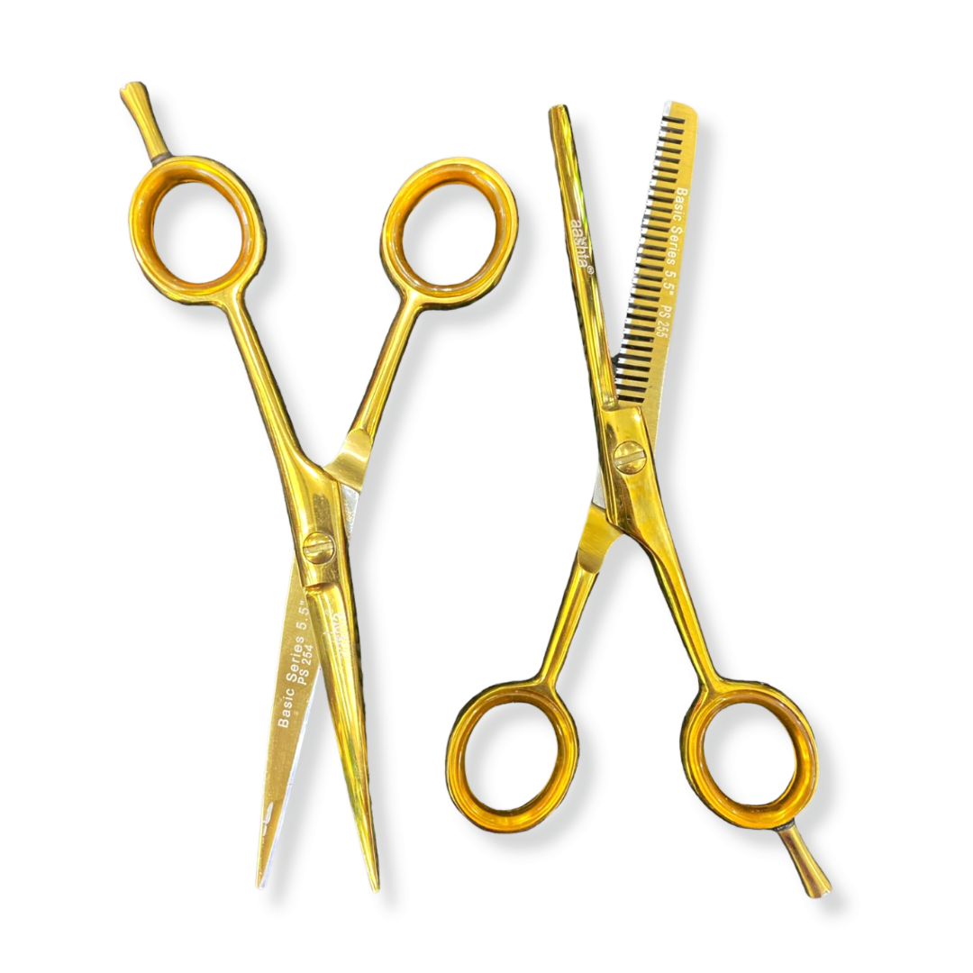 Aashta Kit de Tijeras Profesionales Doradas Titanio 6 pulgadas - tijeras de barbero profesional, imagen 1