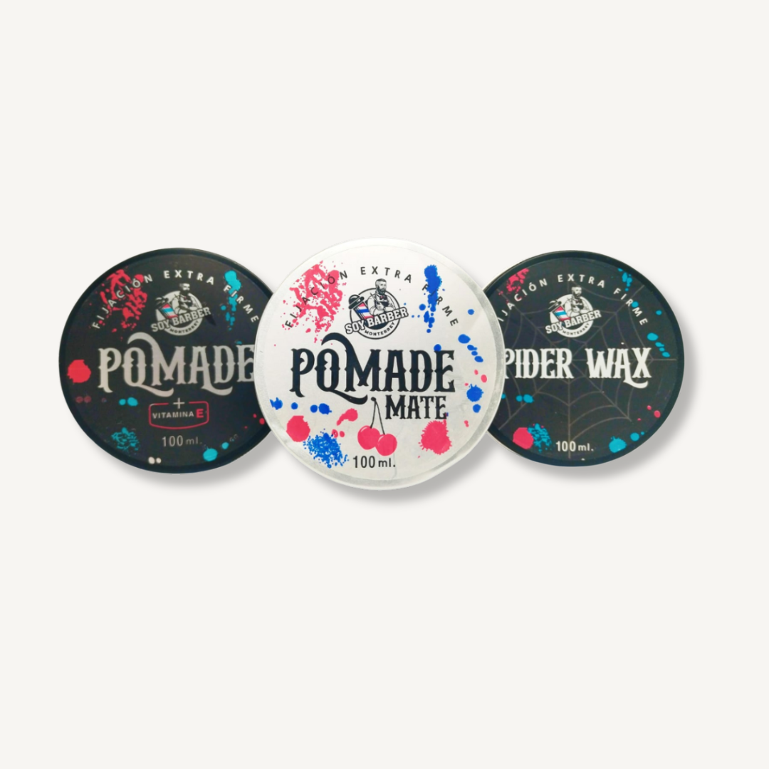 Soy Barber - 3 Pack pomade, pomade mate y spider wax.